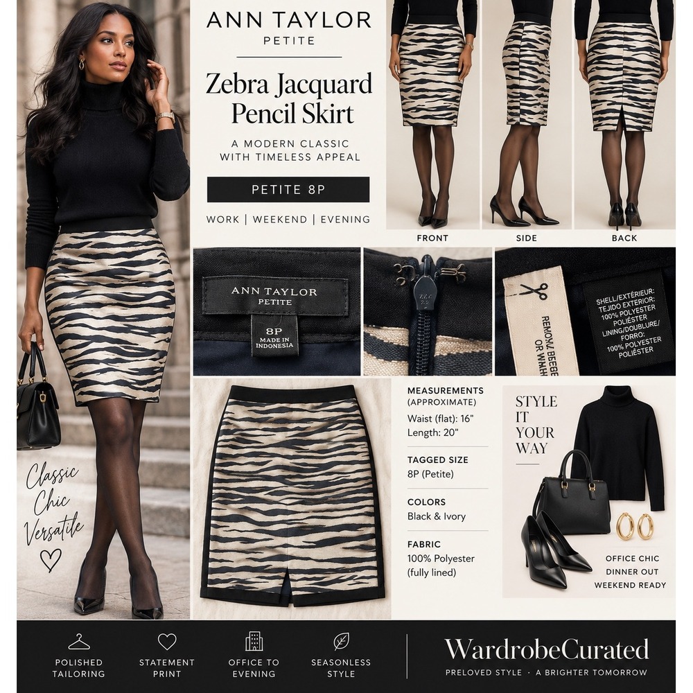 Ann Taylor Petite 8P Zebra Jacquard Pencil Skirt Black Ivory Animal Print